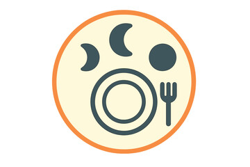 Intermittent fasting cycle symbol with dinnerware, plate, fork, and moon phases