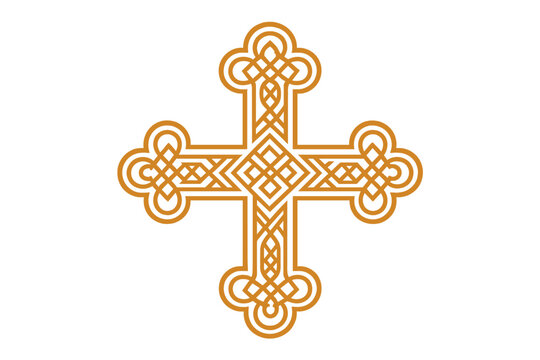 Detailed golden Christian cross with complex interwoven lines and decorative clover ends