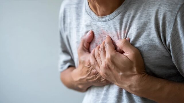 hand hold chest with heart attack symptoms, man have chest pain caused by heart disease, leak, dilatation, enlarged coronary heart, press on the chest with a painful expression
