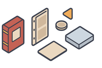 Isometric set of educational and supplies icons including a book and document holders
