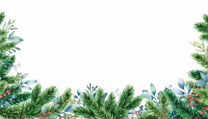 Watercolor Christmas banner with fir branches and copy space on white background