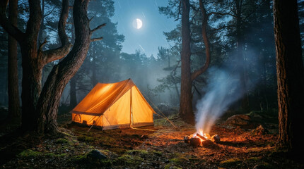 Glowing tent and campfire illuminate misty forest at night under bright moon, creating peaceful and atmospheric camping scene