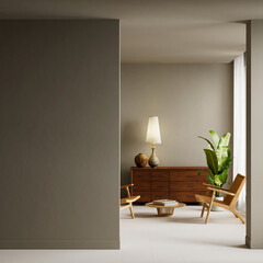 A modern minimalist interior featuring a rattan chair, green plant, and wide blank wall creating a clean and balanced negative space scene. 3D illustration