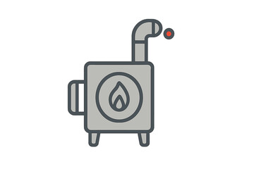 Gray minimalist heating stove icon featuring chimney pipe and internal flame symbol
