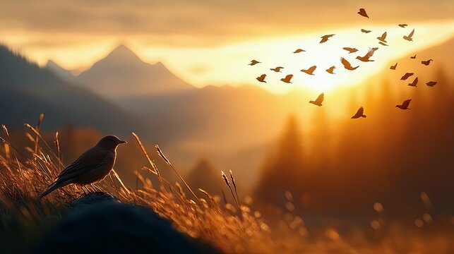 A bird perched on a rock with a flock of birds flying in the sunset over a mountain range.