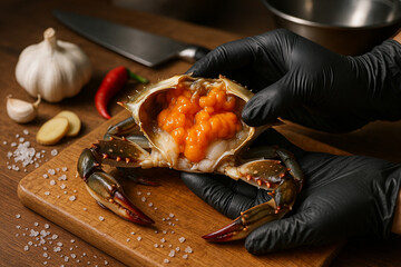 Fresh Roe Crab Preparation on Cutting Board &ndash; Seafood Cooking Process with Chef Hands