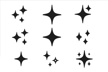 Set of minimalist black sparkle icons symbolizing shine, magic, cleanliness, and sudden attention