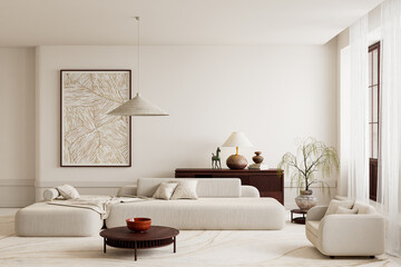 Minimal Scandinavian living room with curved seating, warm materials, balanced composition and refined soft neutrals for contemporary home. 3D illustration