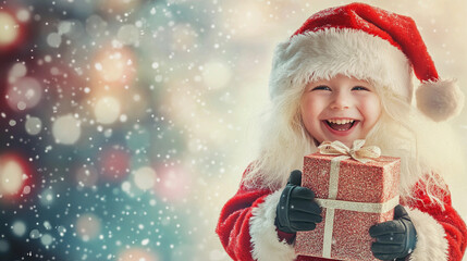 Happy child dressed as santa claus holding a christmas gift with falling snow and festive lights