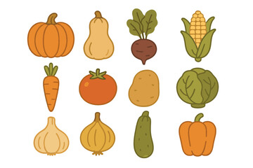 Set of twelve fresh garden vegetables including squash, tomato, potato, and pepper