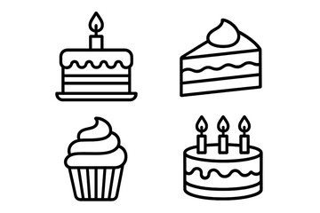 Outline style birthday cakes, dessert slice, and sweet frosted cupcake designs