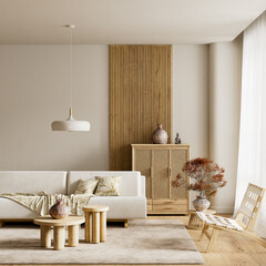 Scandinavian living room with warm wood accents, neutral tones and soft natural lighting creating a calm modern interior atmosphere. 3D illustration