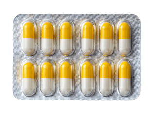 Yellow and white capsules in blister pack, pharmaceutical medication pills, antibiotic or supplement dosage, isolated on white background