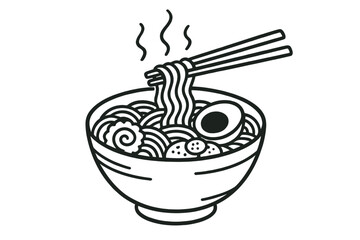Steaming bowl of traditional Japanese ramen noodles with egg and fish cake lifted by chopsticks