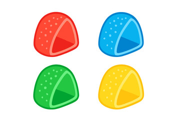 Brightly colored assortment of four sugar-coated jelly candies isolated on white