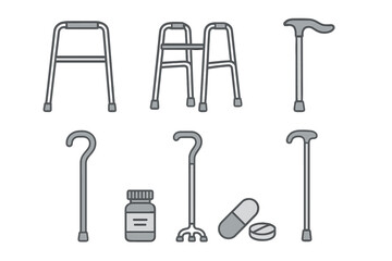 Collection of mobility aids and medical supplies including various canes, walkers, and prescription medication