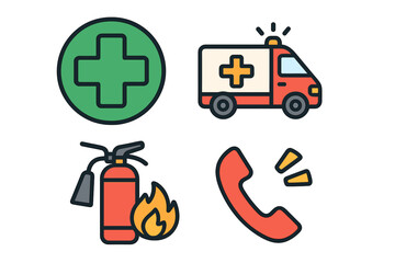 Medical cross, ambulance, fire extinguisher, and phone symbols for essential safety and emergency services