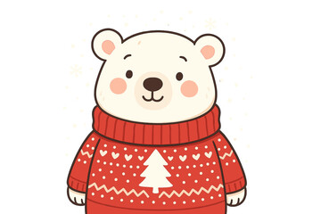 Adorable polar bear wearing a festive red Christmas sweater decorated with a white tree pattern and falling snowflakes