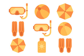 Summer beach accessories set with diving masks, flippers, sun umbrellas, and sunscreen © icon_art