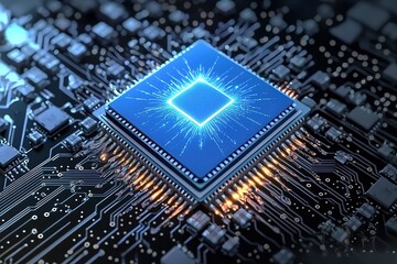 Blue chip radiating light with scratches, floating above circuit board, 3D close-up futuristic