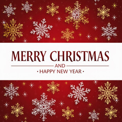 A festive red holiday card featuring decorative snowflakes surrounding the message &ldquo;Merry Christmas and Happy New Year&rdquo; in elegant lettering.