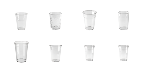Eight plastic cups in varying sizes isolated on transparent background