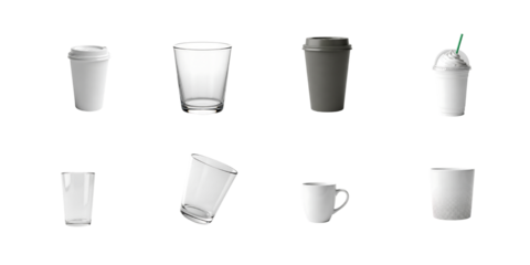 Collection of various drinkware cups and mugs isolated on transparent background