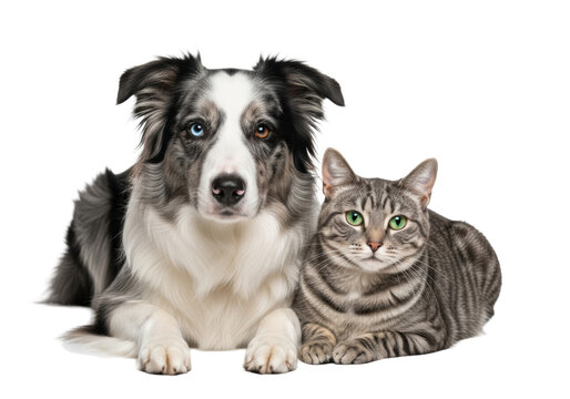Beautiful merle Border Collie (heterochromia) and striped grey tabby cat with vivid green eyes, resting on reflective white studio surface with soft 85mm light, peaceful companionship concept