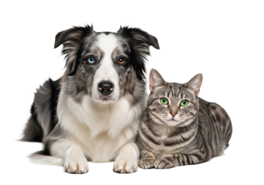 Beautiful merle Border Collie (heterochromia) and striped grey tabby cat with vivid green eyes, resting on reflective white studio surface with soft 85mm light, peaceful companionship concept