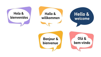 Multilingual Greeting Bubbles Spanish, German, English, French, and Portuguese Welcome Messages