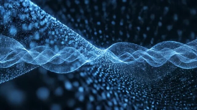 Seamless loop of glowing blue digital waves flowing and twisting in a continuous, complex abstract curvature pattern dynamic, science, waveform