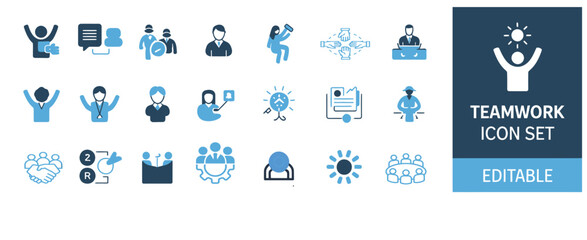 teamwork and collaboration solid icon set, containing symbols for business partnership, strategy, success, and management, presented in a clean flat vector design ideal for corporate presentations and