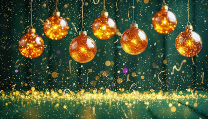 Seven hanging, bright, sparkling orange Christmas tree balls with falling gold confetti on a dark emerald green background