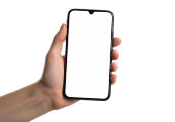 Young caucasian hand holding modern matte black smartphone horizontally, transparent blank screen, against transparent studio background, concept for mobile app advertising