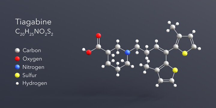tiagabine molecule 3d rendering, flat molecular structure with chemical formula and atoms color coding