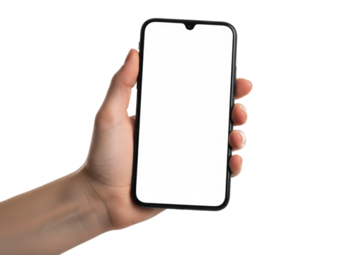 Young caucasian hand holding modern matte black smartphone horizontally, transparent blank screen, against transparent studio background, concept for mobile app advertising