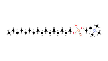 miltefosine molecule, structural chemical formula, ball-and-stick model, isolated image antiprotozoal alkylphosphocholine drug