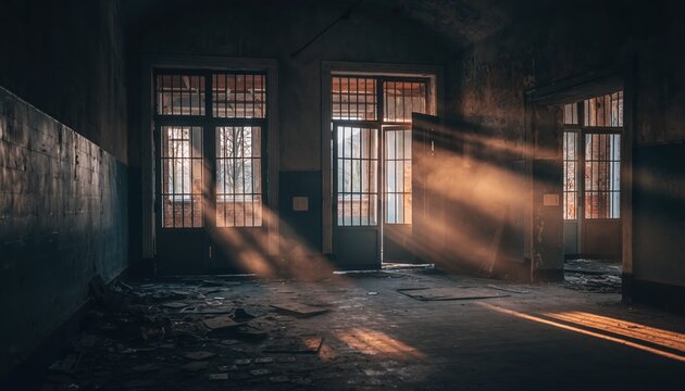 A dimly lit, abandoned room with sunlight streaming through dusty windows, highlighting the neglected interior and creating a moody atmosphere.