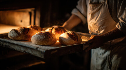 Baker Holding Tray with Freshly Baked Bread Loaves in Dark Rustic Kitchen Under Warm Light