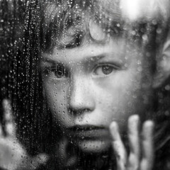 Intense Close-Up Portrait of Young Child Pressing Hand Against Wet Window Pane