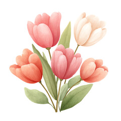 Obraz premium Vibrant Tulip Bloom: An exquisite arrangement of delicate tulip blossoms, showcasing a spectrum of soft pastel hues with lush green foliage, celebrates the essence of spring.