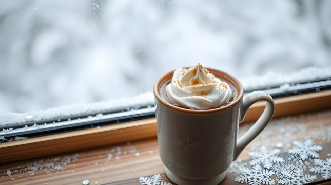 Cozy cup of hot chocolate with whipped cream on a snowy windowsill