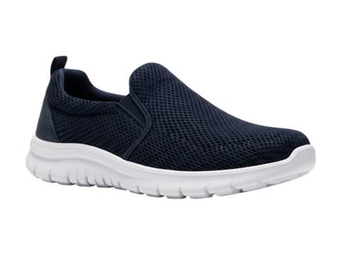 Comfortable black slip on athletic shoe with white sole