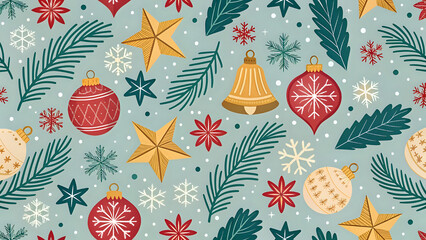 Holiday festive pattern, Christmas ornaments and decorations, colorful, seamless