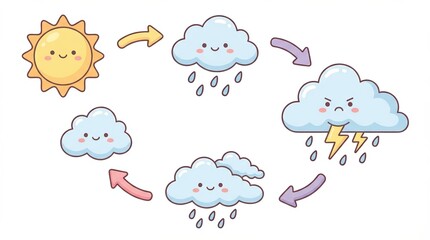 A playful illustration depicting the water cycle, showcasing sun, clouds, rain, and lightning in a whimsical style.