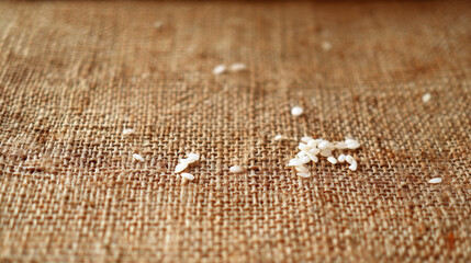 scarcity. Rough burlap texture with scattered rice grains, minimal and symbolic composition. menu design, packaging mockups, designed for food delivery and cloud-kitchen brand materials.