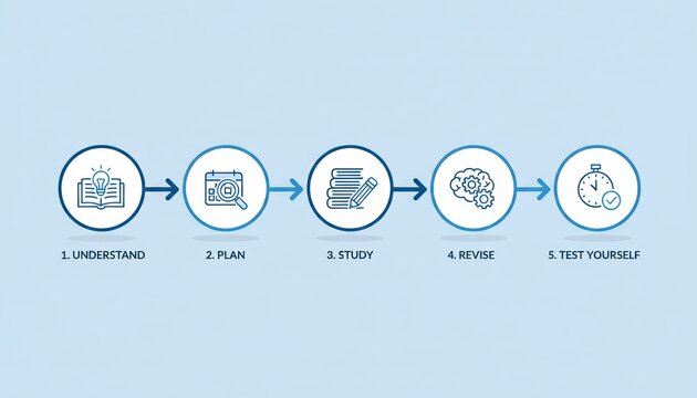 A visual guide outlining five steps for effective learning: Understand, Plan, Study, Revise, and Test Yourself.