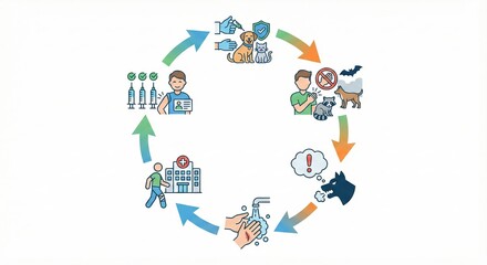 Fototapeta premium A circular infographic showing the cycle of pet health management, including vaccination, vet visits, and responsible ownership practices.