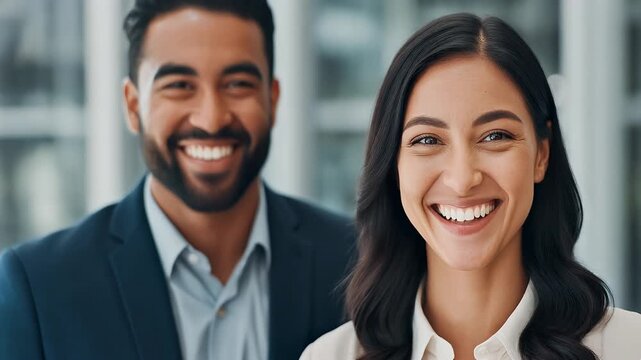 Smiling business colleagues in a professional office environment.
