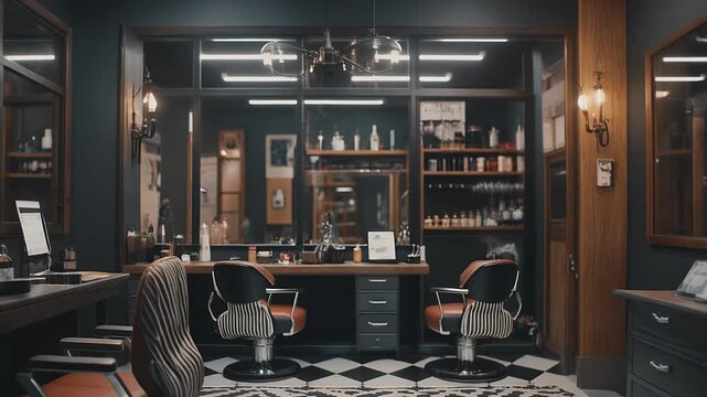 Stylish Barber Shop Interior Design with Professional Equipment.